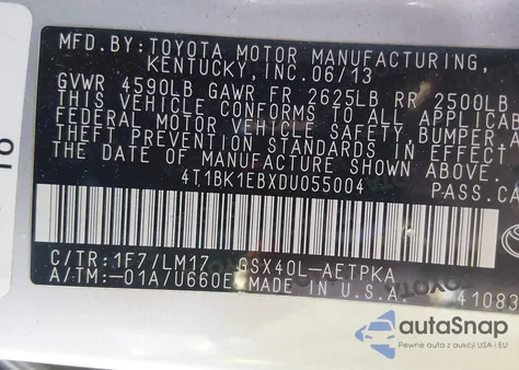 2013 Toyota Avalon Limited z USA, uszkodzony, nr VIN 4T1BK1EBXDU055004